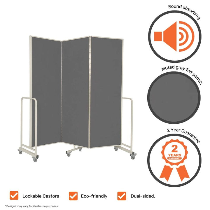 Mobile grey felt room divider with callouts highlighting sound-absorbing panels, eco-friendly design, lockable castors, dual-sided surface, and a two-year guarantee.