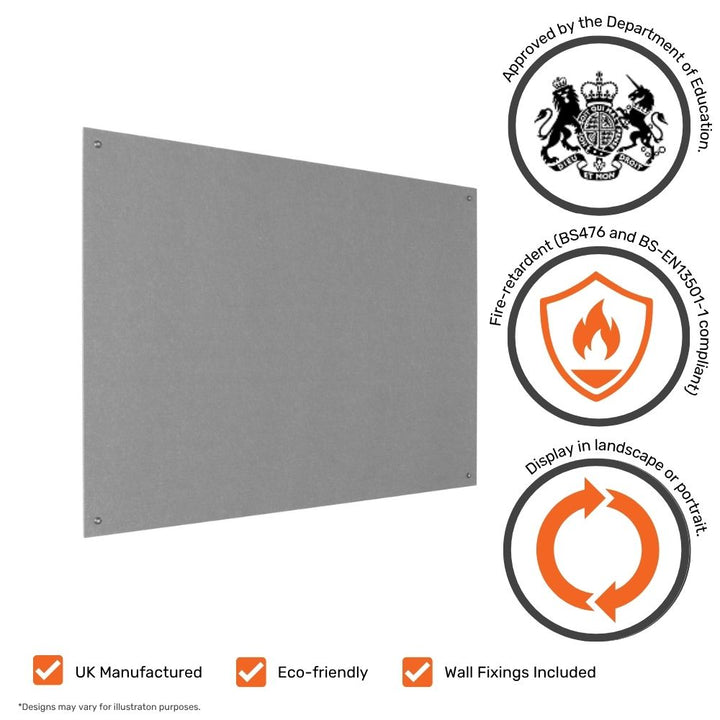 Grey frameless fire-retardant noticeboard suitable for portrait or landscape mounting, with fire certification and eco-friendly manufacturing credentials displayed via feature icons.
