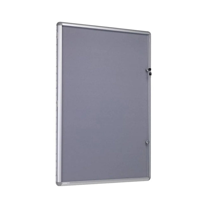 Grey notice board with a clear lockable door and silver aluminium frame, shown isolated against a white background.