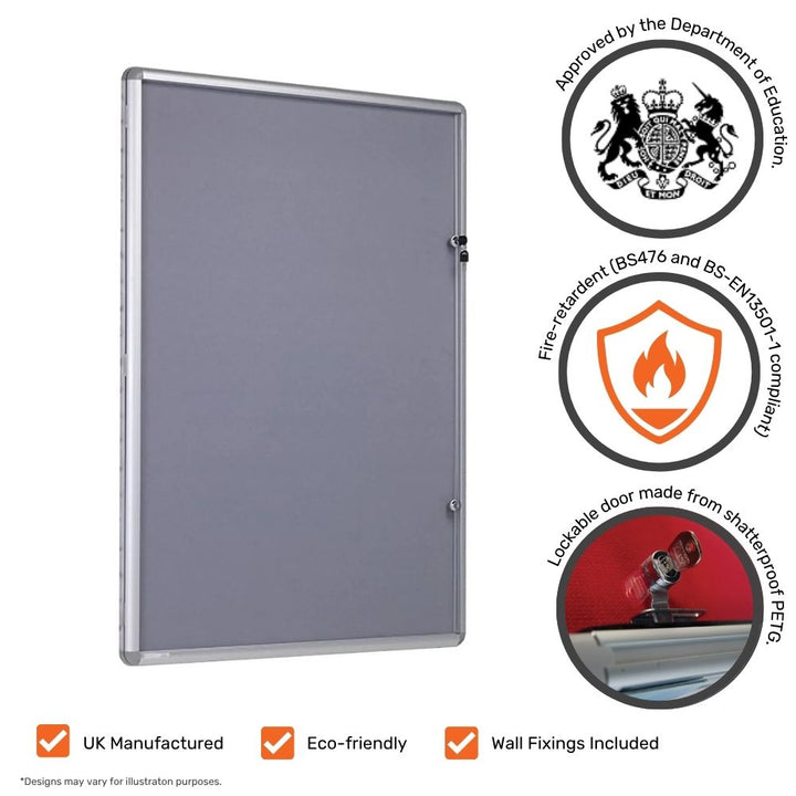 Grey lockable notice board with icons showing UK manufacturing, eco-friendly design, fire-retardant certification, and shatterproof PETG lockable door.