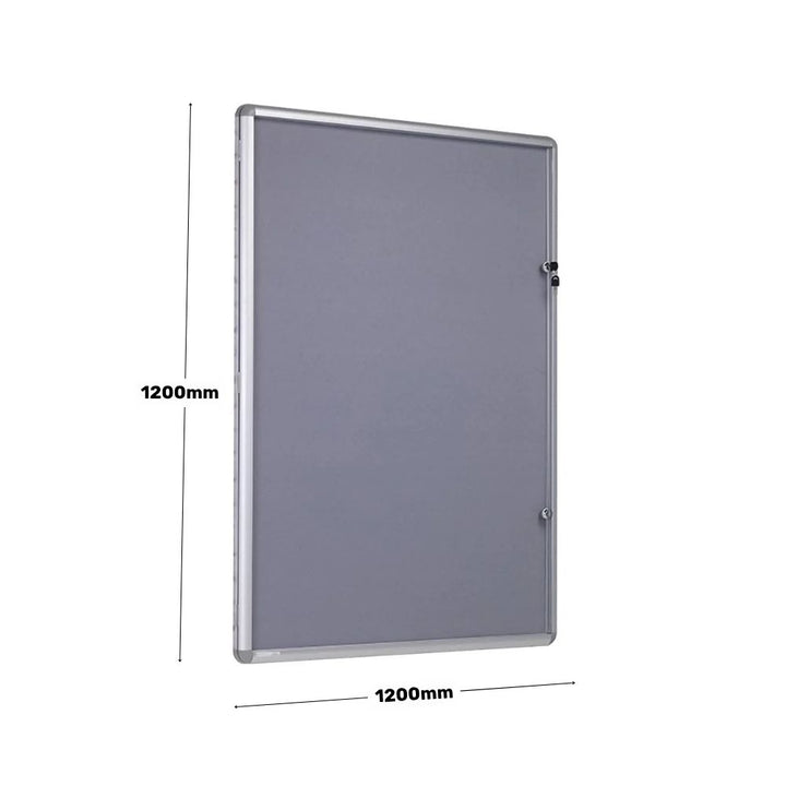 Grey lockable notice board with silver aluminium frame, displayed with dimensions of 1200mm in height and width.