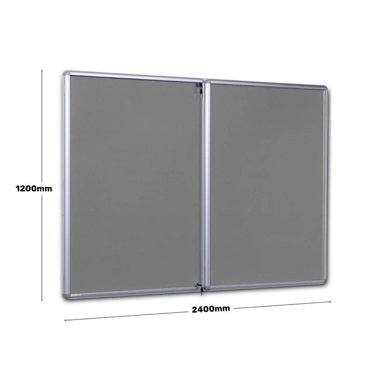 Large grey noticeboard with lockable double doors and aluminium frame, sized at 1200mm by 2400mm for spacious display.