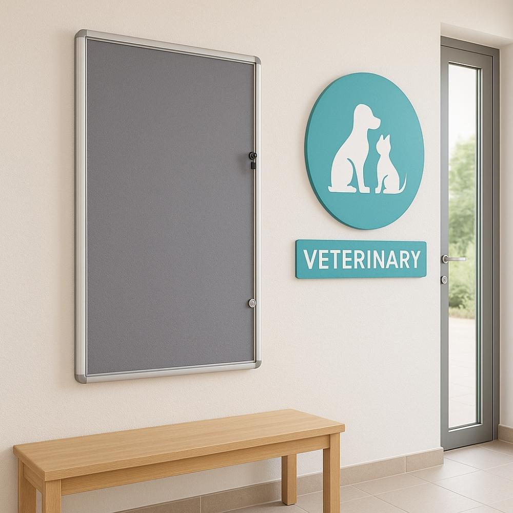 Grey lockable noticeboard in a veterinary waiting room