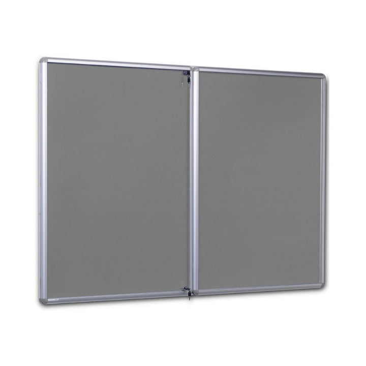 Grey lockable noticeboard with a silver aluminium frame, featuring two doors for secure indoor wall display.

