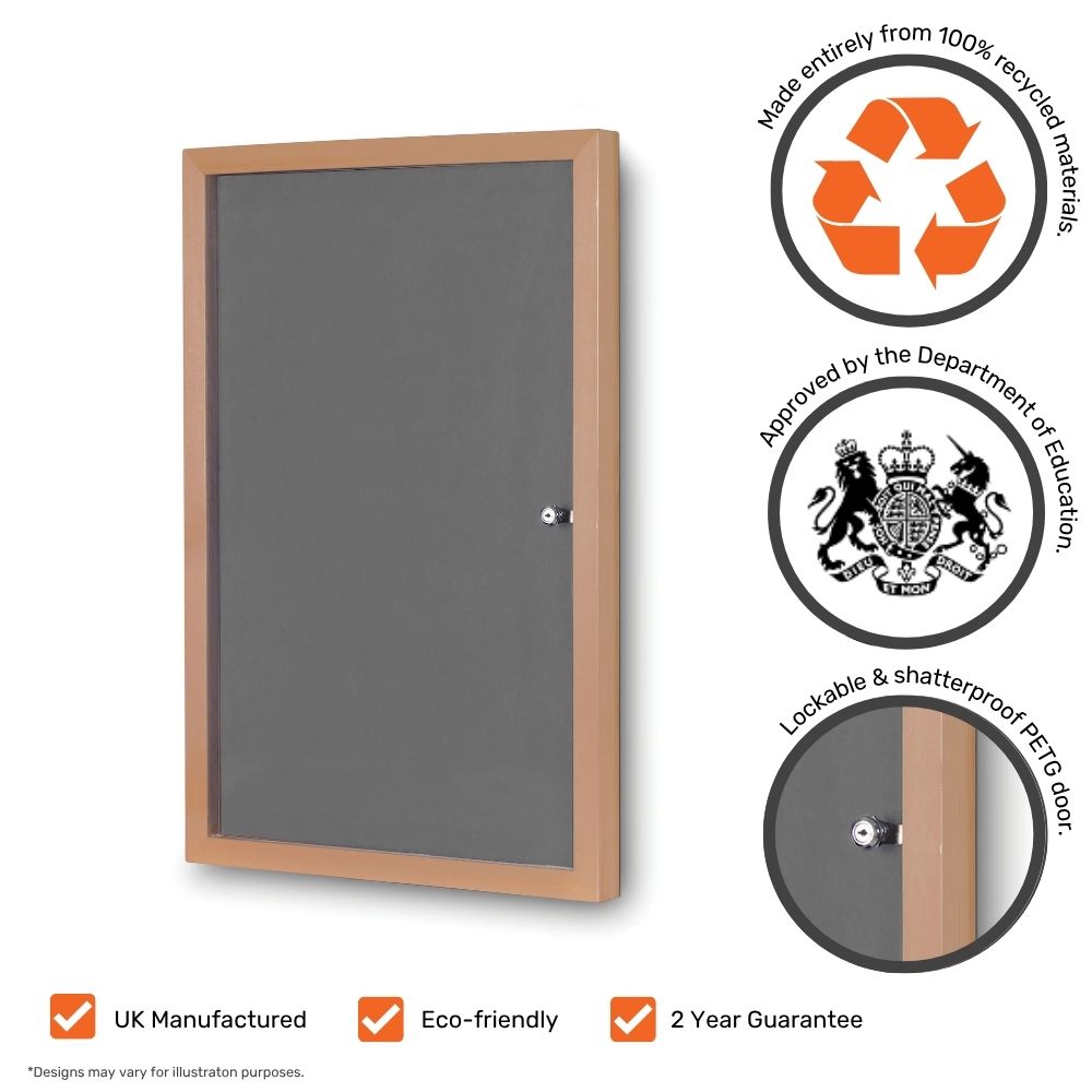 Grey lockable noticeboard featuring a shatterproof PETG door and wood-effect frame, made from 100% recycled materials and approved by the Department for Education, ideal for secure display in schools and offices.