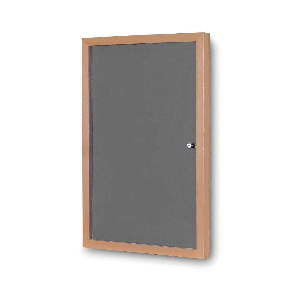 Wall-mounted grey noticeboard with lockable clear cover and wood-effect trim, ideal for secure indoor display in schools, offices, and public buildings.
