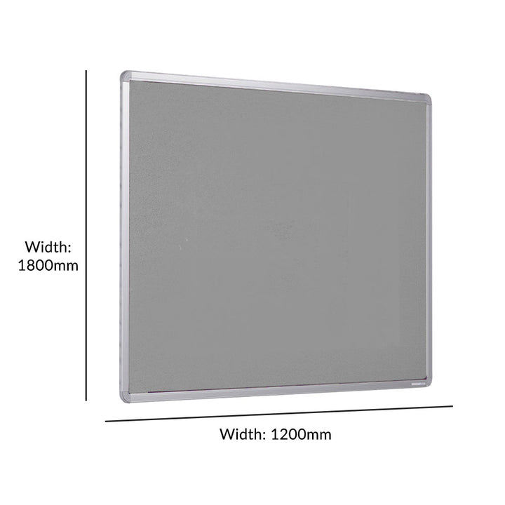 Dimension callout showing 1800mm width and 1200mm height on a grey felt aluminium-framed noticeboard in three-quarter view on white ground.

