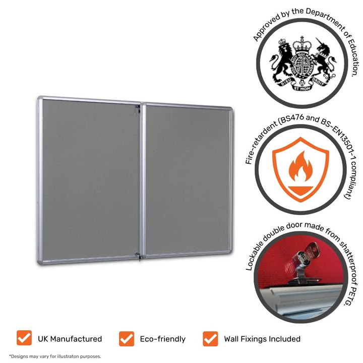 Grey noticeboard with lockable double doors, shown with fire safety certification, Department for Education approval, and icons for UK manufacture, eco-friendliness, and wall fixings.

