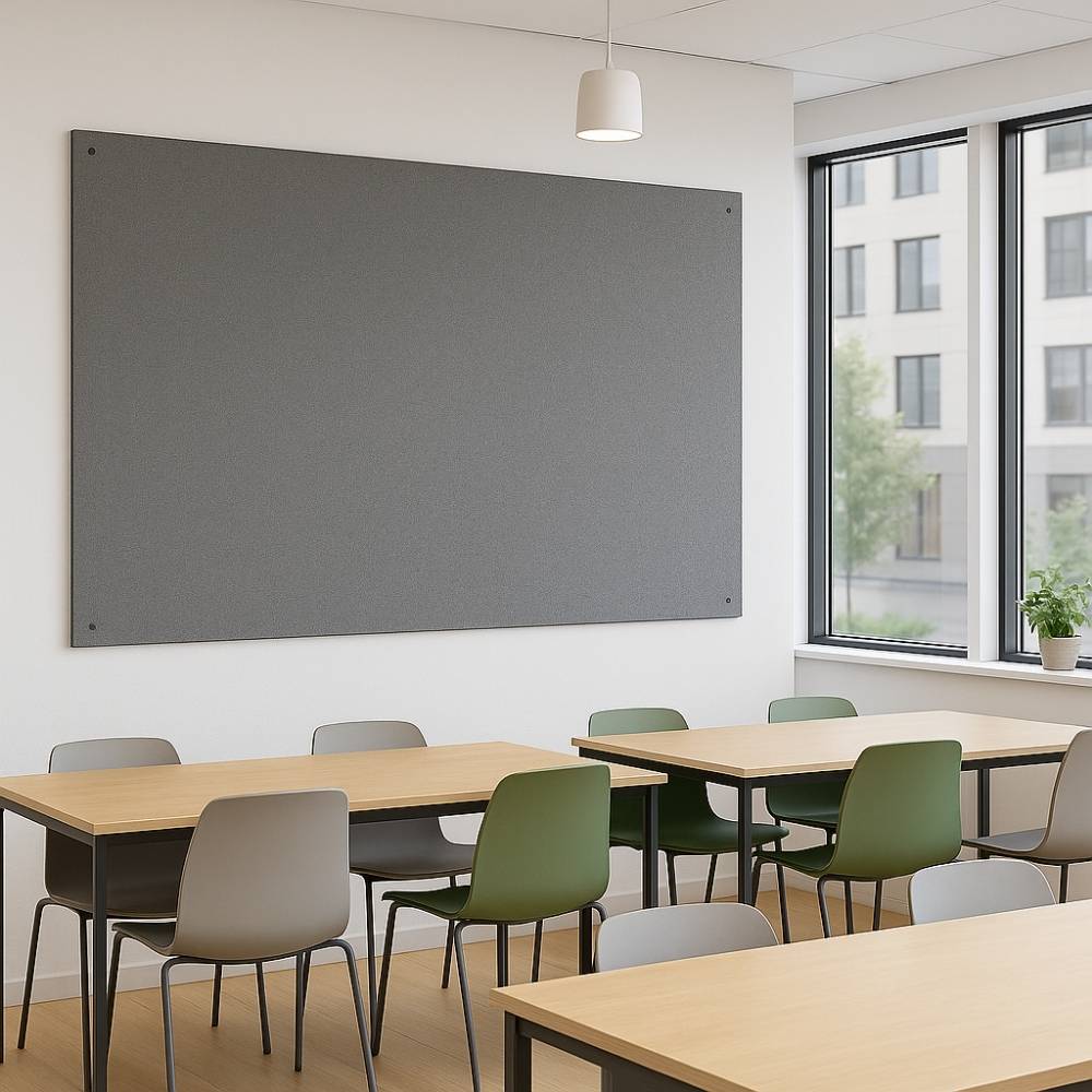 Large grey fabric noticeboard on a white wall in a modern canteen area featuring light wooden tables, a mix of green and grey chairs, and large windows allowing natural light inside.