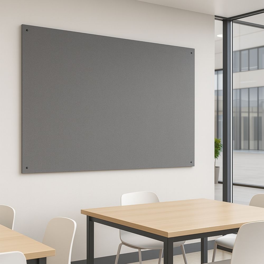 Large grey fabric noticeboard fixed to a white wall in a modern canteen area featuring wooden tables, white plastic chairs, and large windows providing natural light.