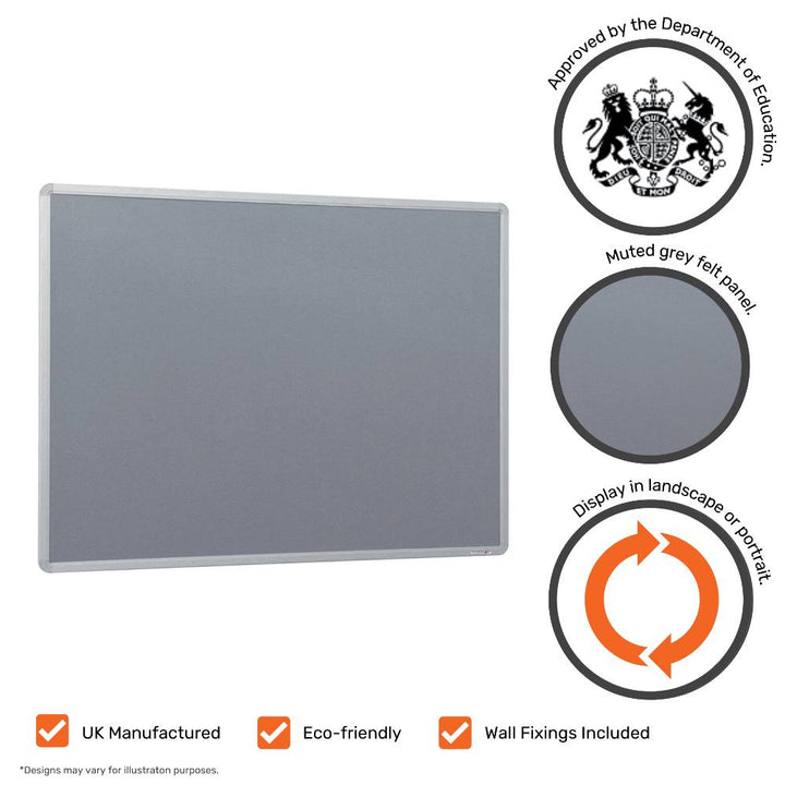 Grey felt pinboard 1800 x 1200mm – aluminium-framed notice board for NHS, schools or shared workspaces  