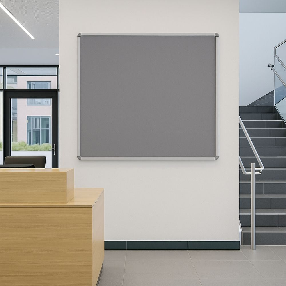 Grey felt noticeboard with aluminium frame mounted on a white wall in a modern office reception area, next to a staircase and wooden reception desk.

