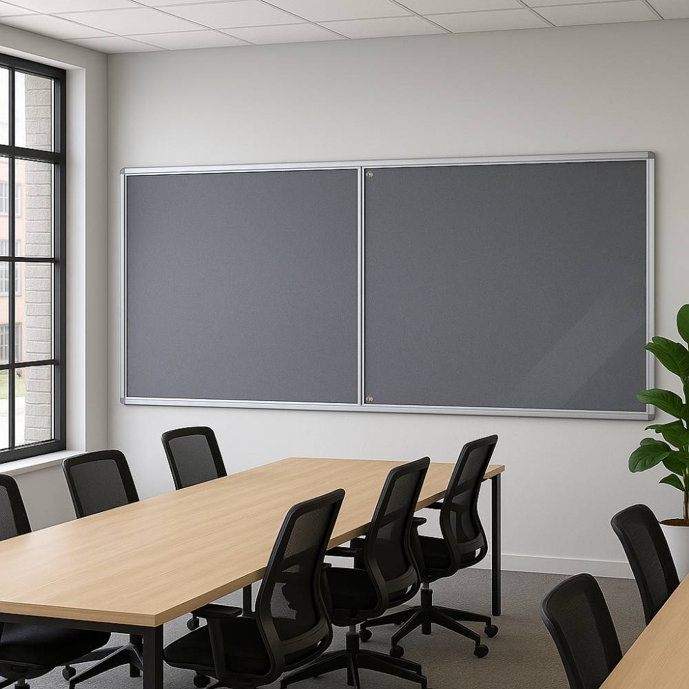 Pair of grey fabric noticeboards with silver aluminium frames mounted on a wall in a contemporary office meeting room featuring a large wooden table and black mesh chairs.







