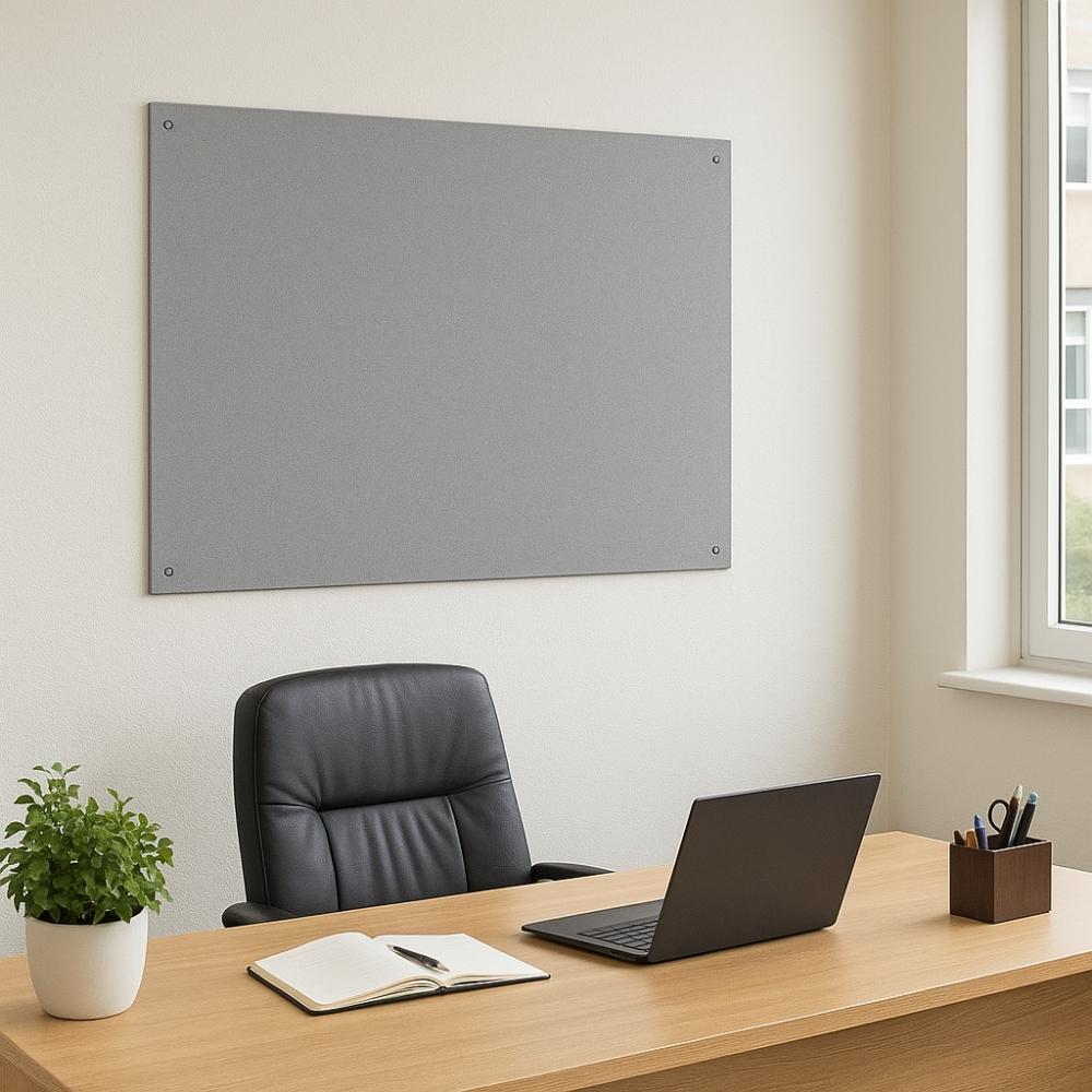 Grey fabric pinboard mounted on the wall above a wooden desk in a contemporary home office, with a black office chair, laptop, notebook, potted plant, and window nearby.