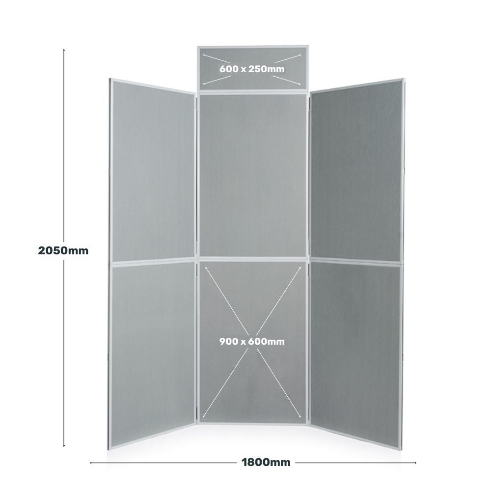 Grey six-panel display board with measurements of 1150mm by 1800mm, showing centre panel size of 900 x 600mm.

