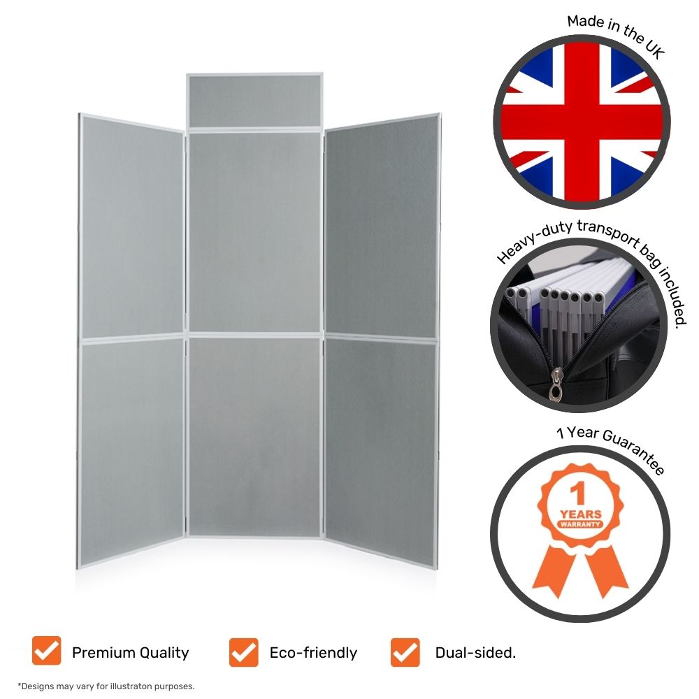 Grey six-panel display board shown with British flag, transport bag, and icons for premium quality, sustainability, and dual-sided design.

