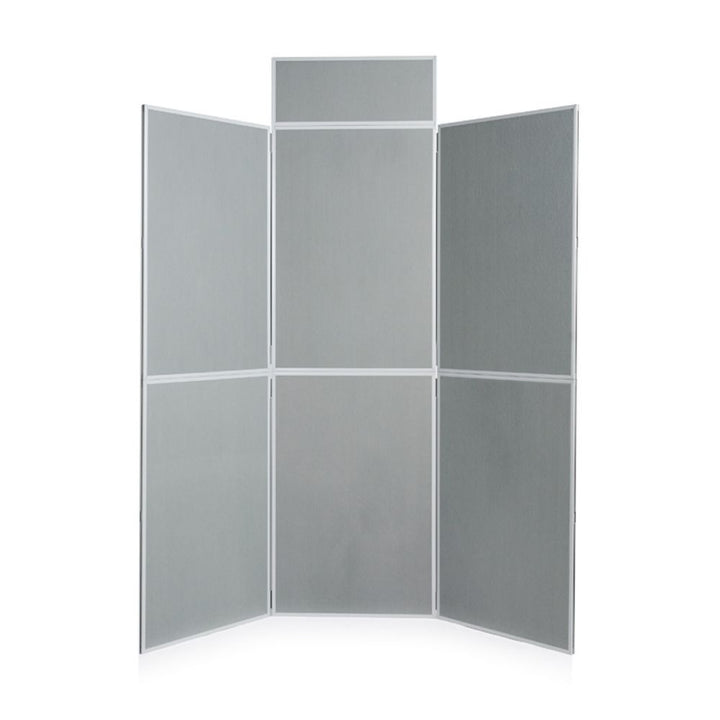 Six-panel grey folding display board with white frame, suitable for trade shows, schools, and professional environments.

