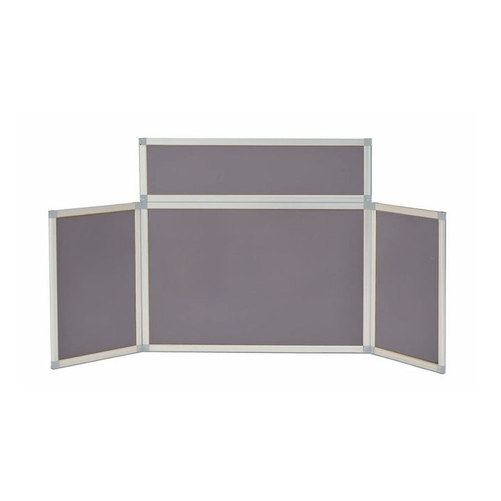 Three-panel grey tabletop display board with folding side wings and a header panel, framed in silver aluminium, shown fully extended against a plain white background.


