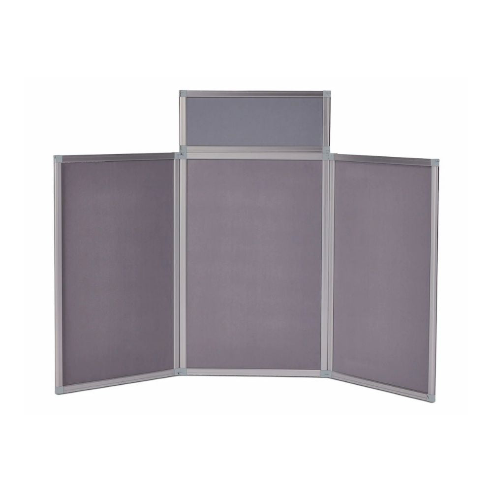 Grey tabletop display board with three hinged panels and a rectangular header, featuring silver aluminium frame, shown in a fully extended position against a white background.

