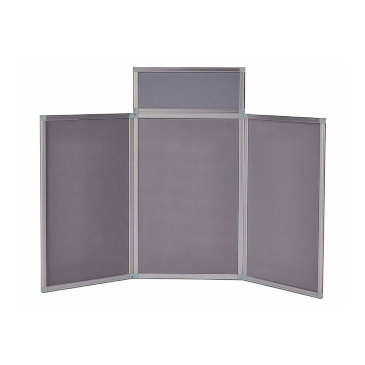 Grey tabletop display board with three hinged panels and a rectangular header, featuring silver aluminium frame, shown in a fully extended position against a white background.

