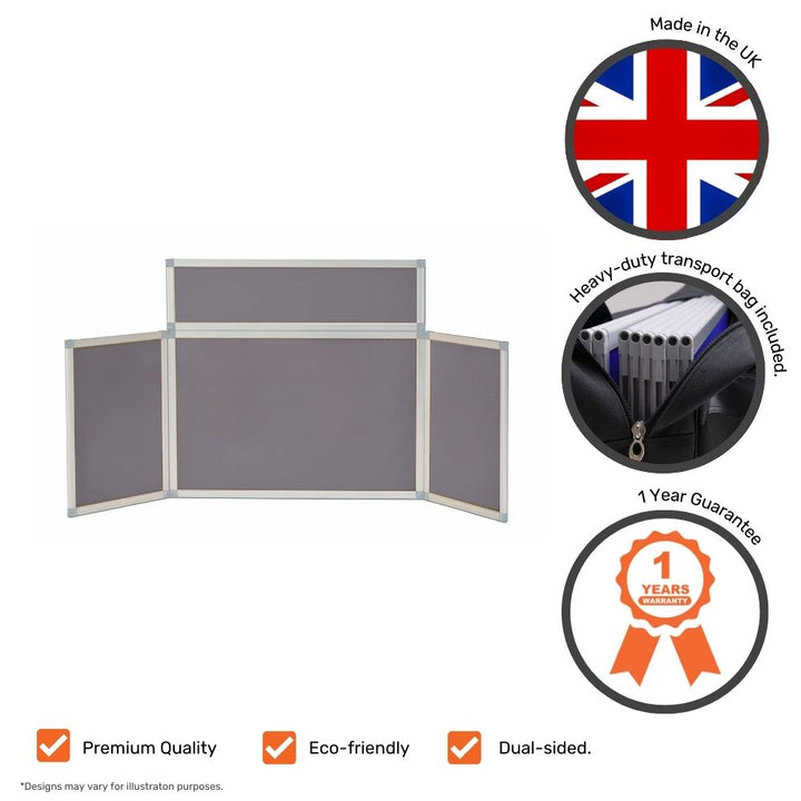 Grey tabletop display board shown with icons indicating premium quality, eco-friendly materials, dual-sided design, UK manufacturing, and 1-year guarantee, plus transport bag graphic.

