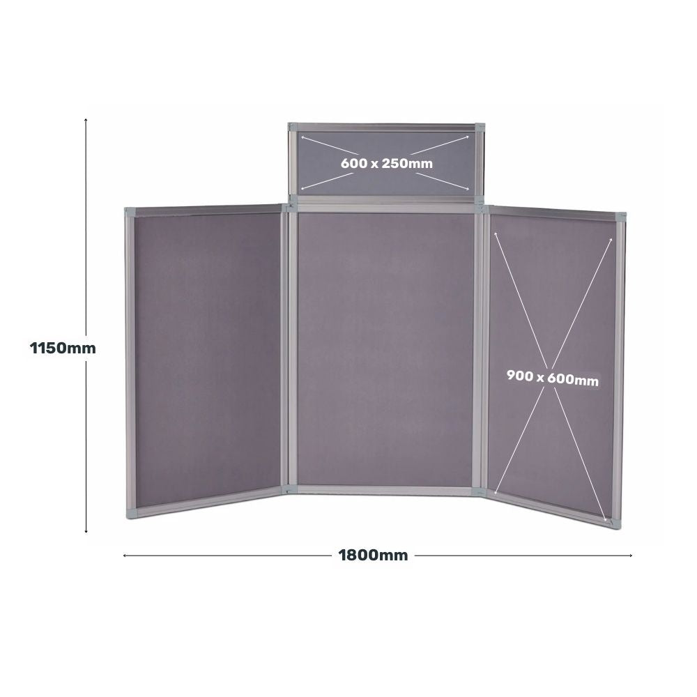 Grey tabletop display board measurement diagram showing overall dimensions of 1150mm height and 1800mm width, with individual panel sizes of 600x250mm and 900x600mm clearly labelled.







