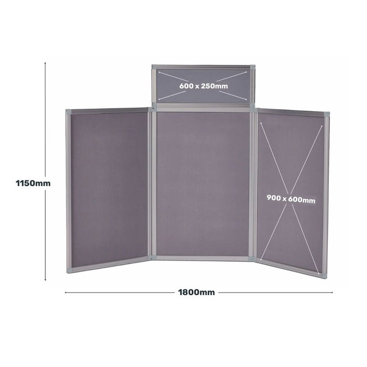 Grey tabletop display board measurement diagram showing overall dimensions of 1150mm height and 1800mm width, with individual panel sizes of 600x250mm and 900x600mm clearly labelled.







