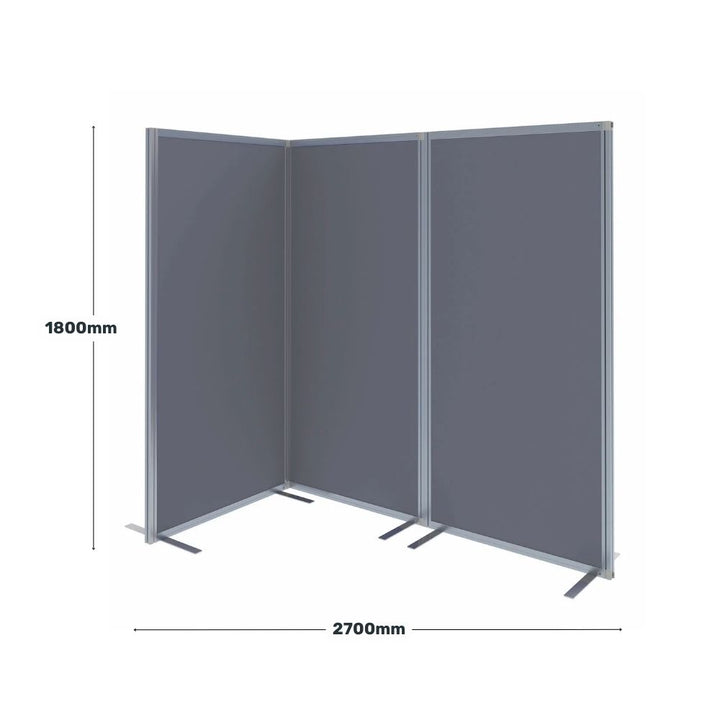 Size guide of a grey three-panel divider measuring 1800mm high and 2700mm wide, displayed in angled formation on a plain white background.