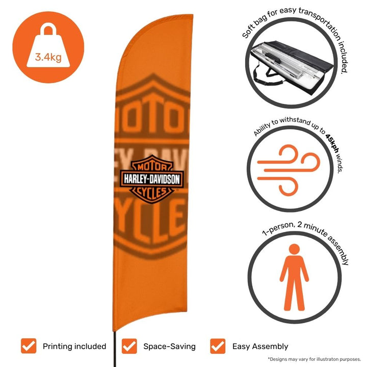 3.2 metre feather flag – single-sided display with printed graphics and car base mount for high-impact brand visibility