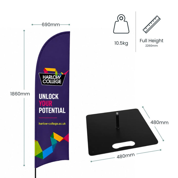 Technical specification image showing Harlow College feather flag dimensions with indoor steel base and 2260mm full display height for exhibitions and reception areas.