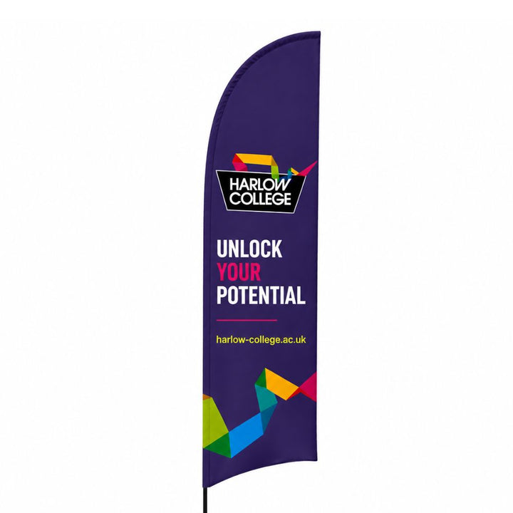 Purple Harlow College feather flag with colourful geometric branding and unlock your potential slogan for education marketing and open day events.