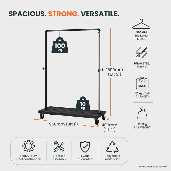 Heavy duty black clothing rail specification graphic showing 900mm hanging space, 30mm steel tubing, 110kg maximum load capacity, castor wheels and a lower storage shelf.