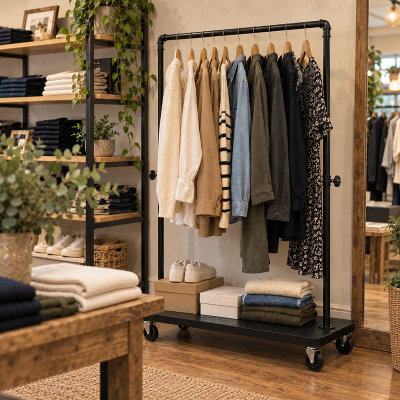 Heavy duty black clothing rail with castor wheels and a lower storage shelf, displaying assorted garments and folded clothing in a retail boutique.