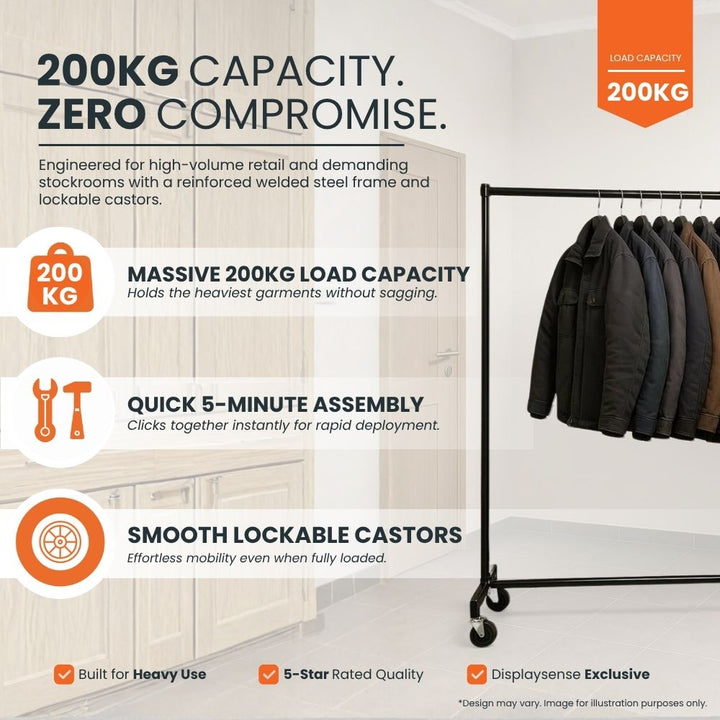 Feature panel for the super heavy duty 6ft clothes rail: 200kg SATRA-tested capacity, five-minute assembly and oversized lockable castors.
