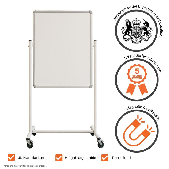 Height adjustable magnetic rotating whiteboard in portrait orientation with mobility 