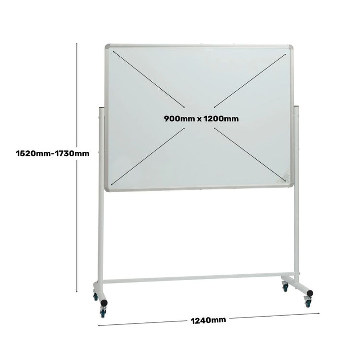Height adjustable mobile whiteboard measuring 1200x900mm with dimension indicators for width and height range

