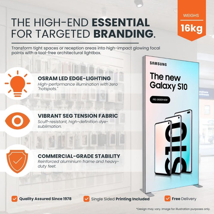 High-end LED lightbox display featuring OSRAM edge-lighting, SEG tension fabric graphics and commercial-grade stability for retail branding.