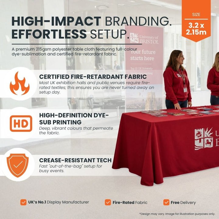 Promotional polyester tablecloth featuring high-definition dye-sublimation branding, fire-retardant fabric and crease-resistant technology for events.
