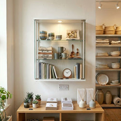 Wall-mounted glass display cabinet styled with ceramics, mugs, books, and home decor items in a modern interior.