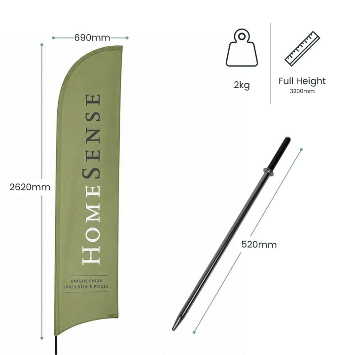 Homesense branded feather flag banner with dimensions, lightweight construction and metal ground spike for outdoor retail displays.