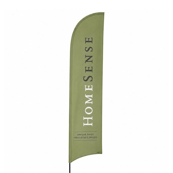 Freestanding Homesense promotional feather flag banner with curved top design and outdoor display pole for retail advertising.