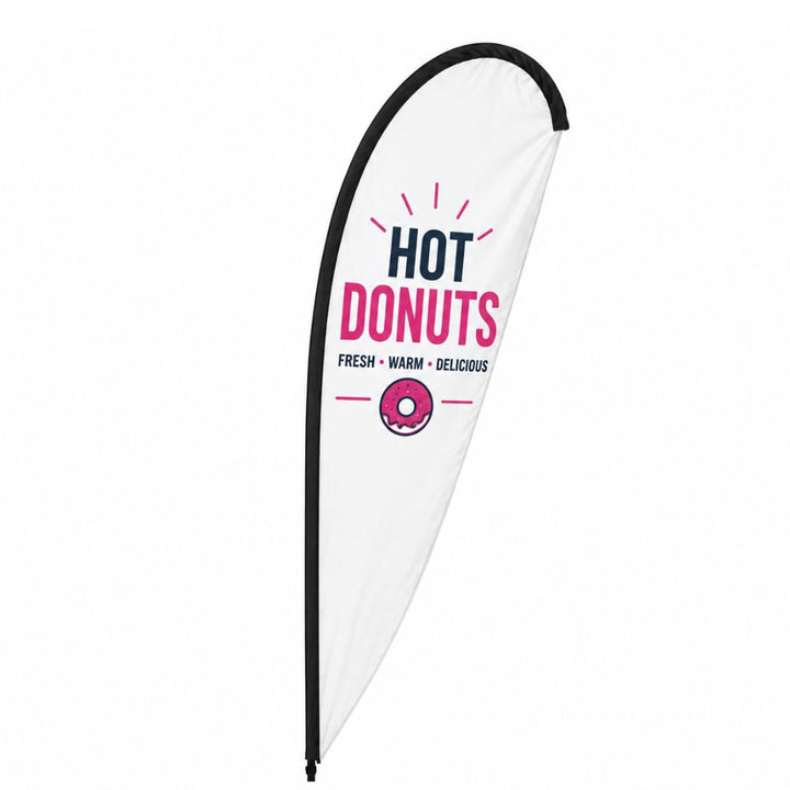 White promotional teardrop banner featuring Hot Donuts branding with pink doughnut graphic for food stalls, cafés and events.
