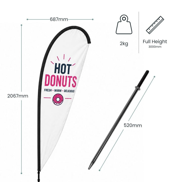 Specification image showing Hot Donuts teardrop flag dimensions with ground spike base and full 3000mm display height.