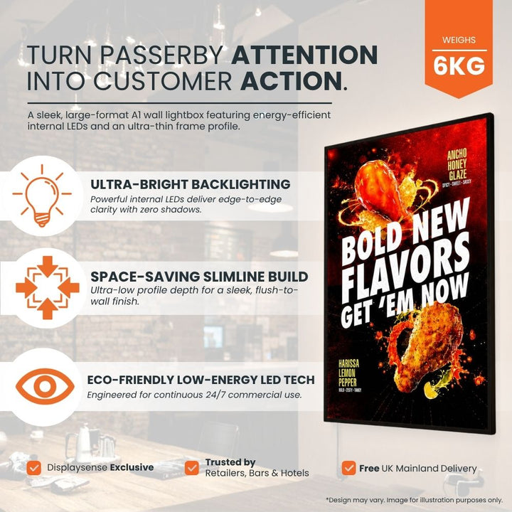 Product marketing graphic for an illuminated A1 wall lightbox display with a slim black frame, ultra-bright internal LED backlighting, low-energy commercial lighting technology and space-saving wall-mounted design for printed restaurant promotions, retail advertising, bar menus and hotel displays.