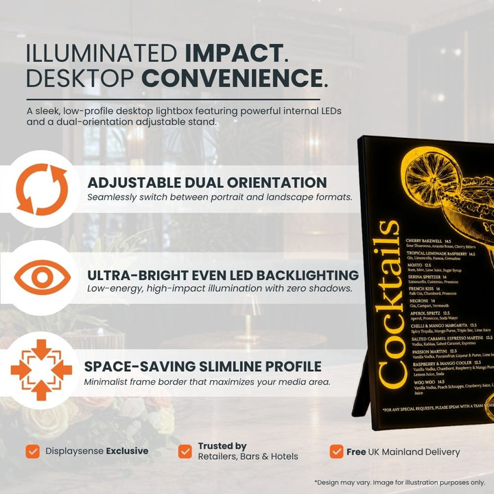 Product marketing graphic for an illuminated A4 desktop lightbox display with a slim black frame, powerful internal LED backlighting, adjustable dual-orientation stand and space-saving profile for displaying printed menus, promotions, price lists and countertop advertising in retailers, bars and hotels.