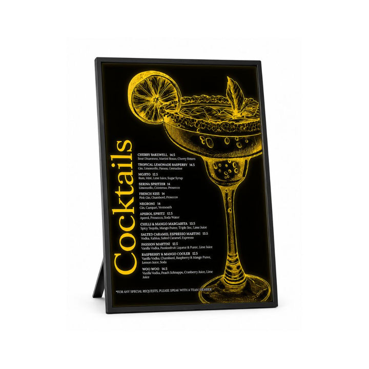 Illuminated countertop LED menu display board showcasing cocktail menu artwork, black framed design suitable for bars, restaurants and hospitality venues.