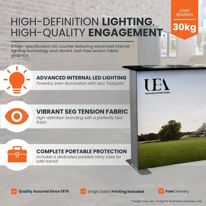 Illuminated SEG fabric exhibition counter featuring advanced internal LED lighting, portable protection case and wrinkle-free branded graphics.