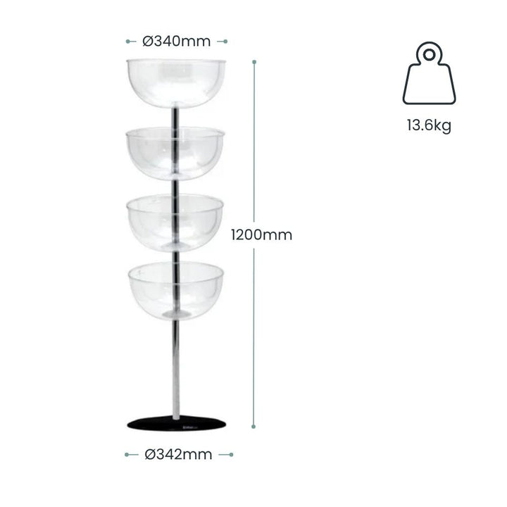 Dimension diagram for a four-tier impulse merchandising tower: 1200mm high, 340mm bowl diameter, 342mm base footprint, 13.6kg — for queue-lane fit checks.
