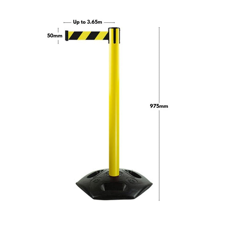 Retractable safety barrier with 975mm post height and up to 3.65m belt extension—ideal for creating temporary restricted zones in commercial and industrial environments.

