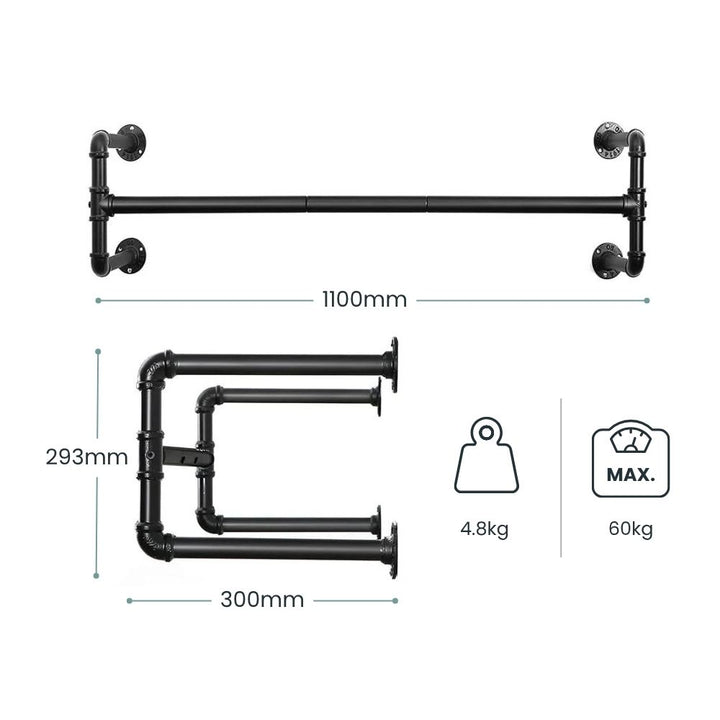 industrial-style-black-metal-pipe-clothes-rail-with-double-hanging-bars-1100mm-width-293mm-height-300mm-depth-4-8kg-weight-60kg-max-load-for-retail-or-home-use